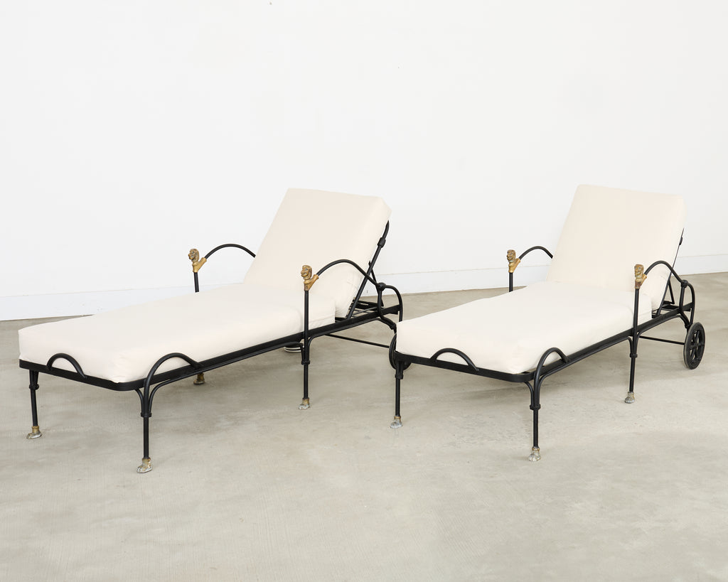 Pair Tetes de Lionnes Bronze Iron Chaise Longues After Giacometti