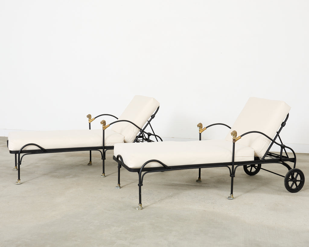Pair Tetes de Lionnes Bronze Iron Chaise Longues After Giacometti