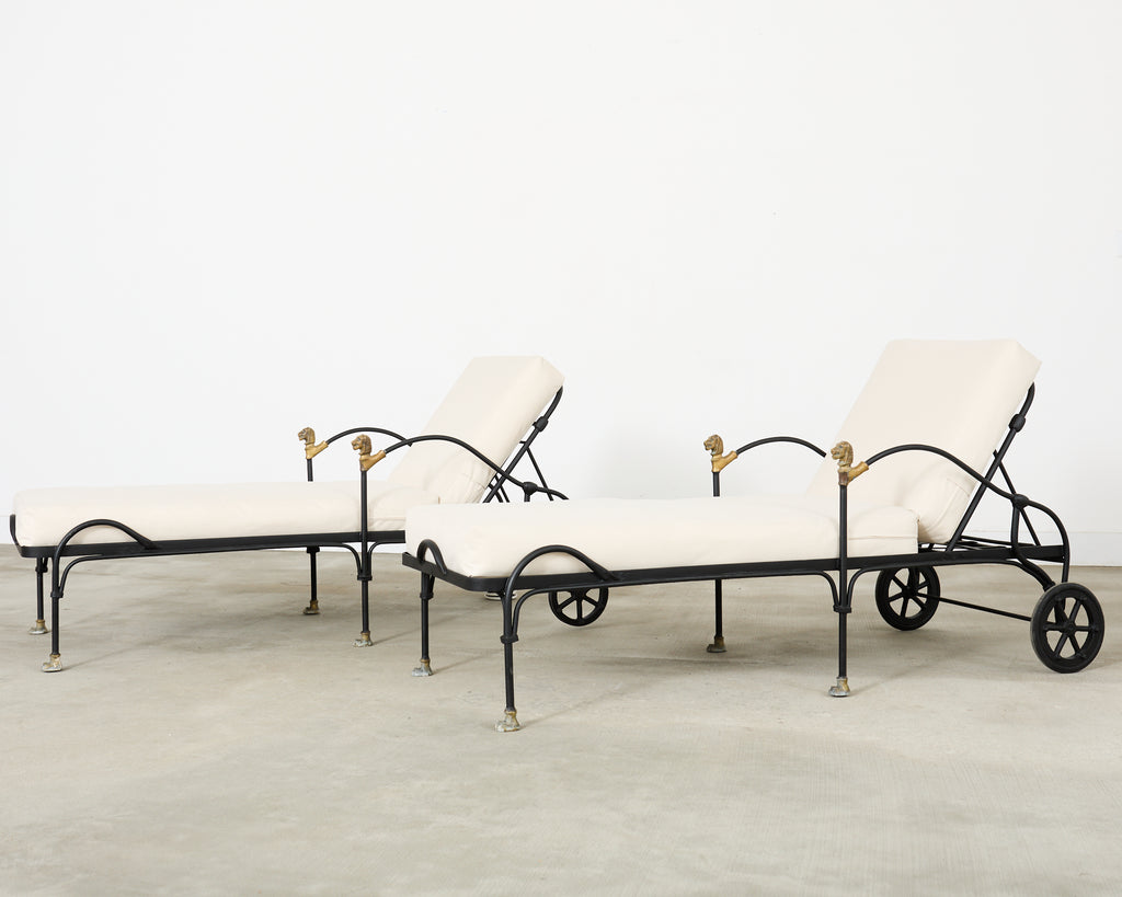 Pair Tetes de Lionnes Bronze Iron Chaise Longues After Giacometti