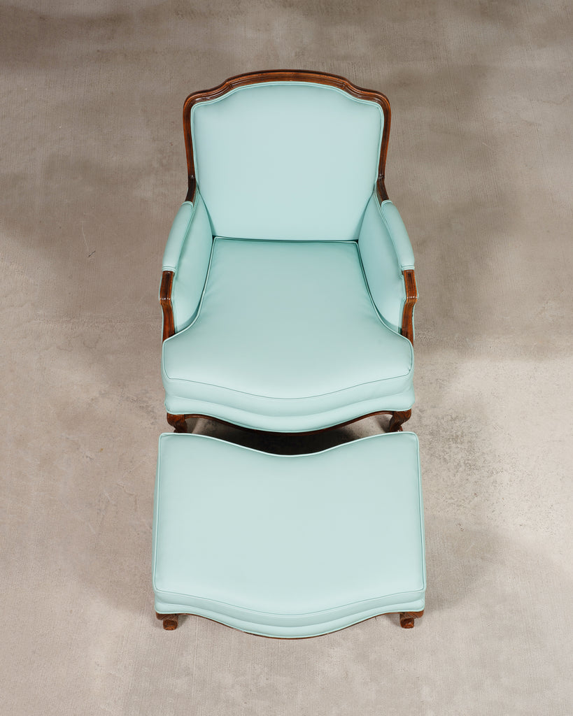 Louis XV Style Bergère Lounge Chair in Tiffany Blue + Ottoman