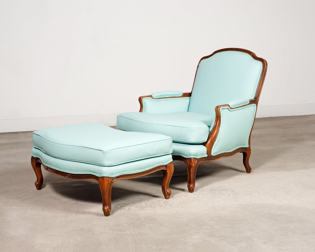 Louis XV Style Bergère Lounge Chair in Tiffany Blue + Ottoman