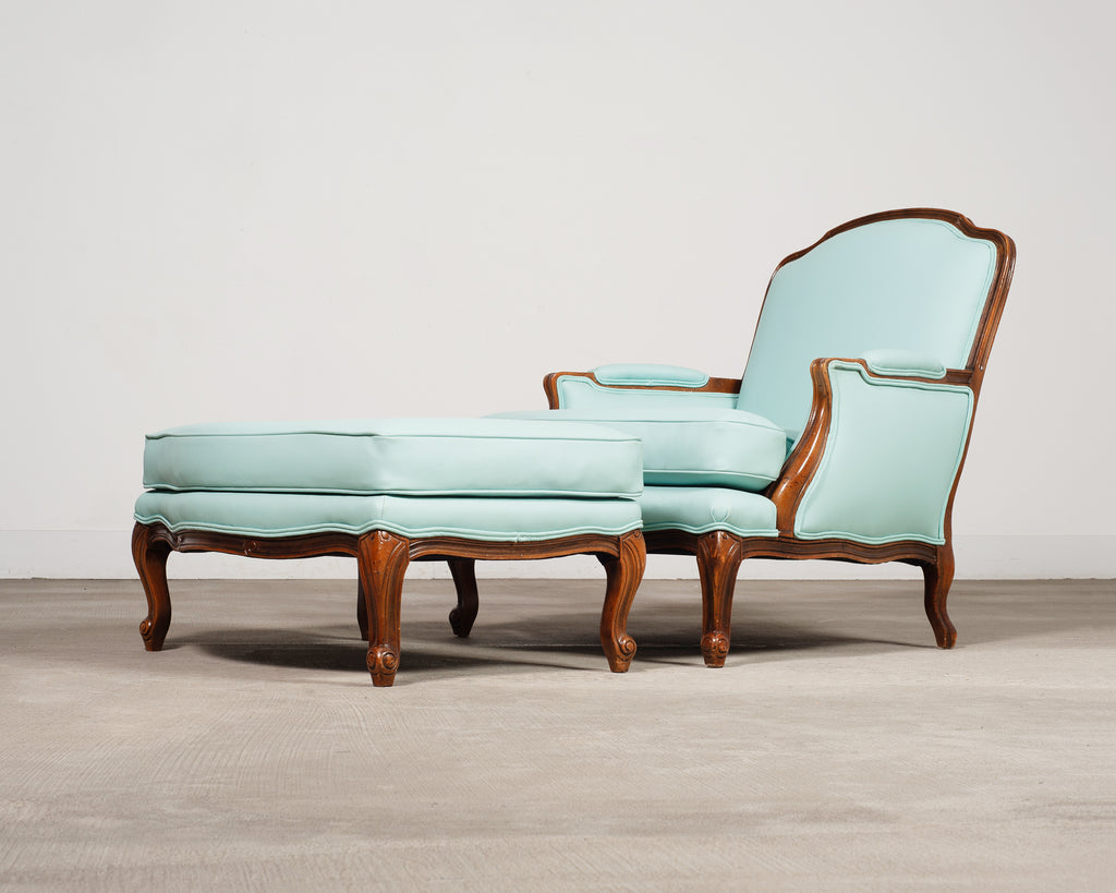 Louis XV Style Bergère Lounge Chair in Tiffany Blue + Ottoman