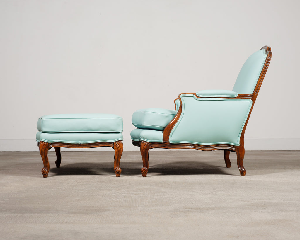 Louis XV Style Bergère Lounge Chair in Tiffany Blue + Ottoman
