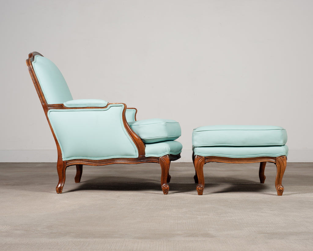 Louis XV Style Bergère Lounge Chair in Tiffany Blue + Ottoman