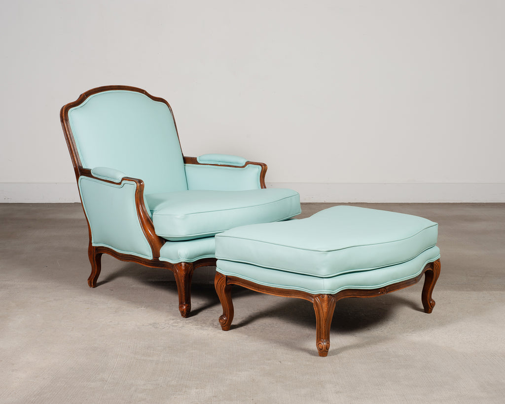 Louis XV Style Bergère Lounge Chair in Tiffany Blue + Ottoman
