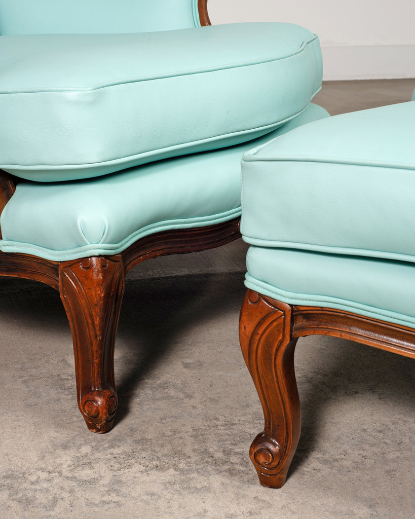 Louis XV Style Bergère Lounge Chair in Tiffany Blue + Ottoman