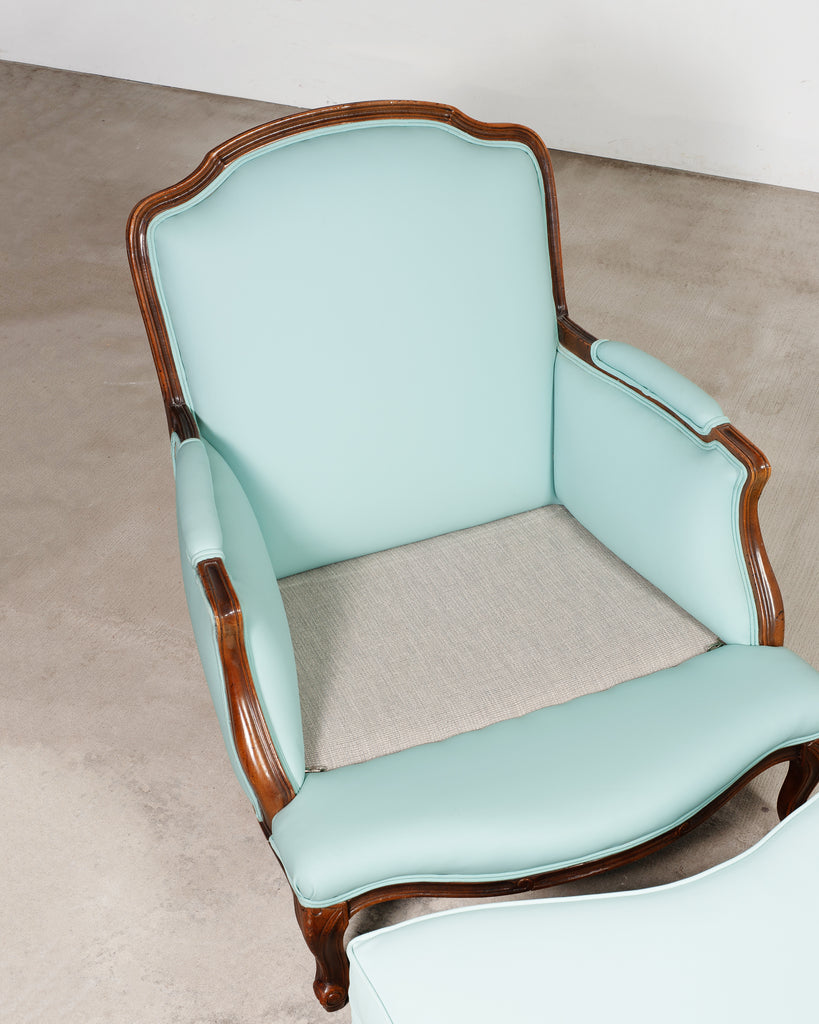 Louis XV Style Bergère Lounge Chair in Tiffany Blue + Ottoman