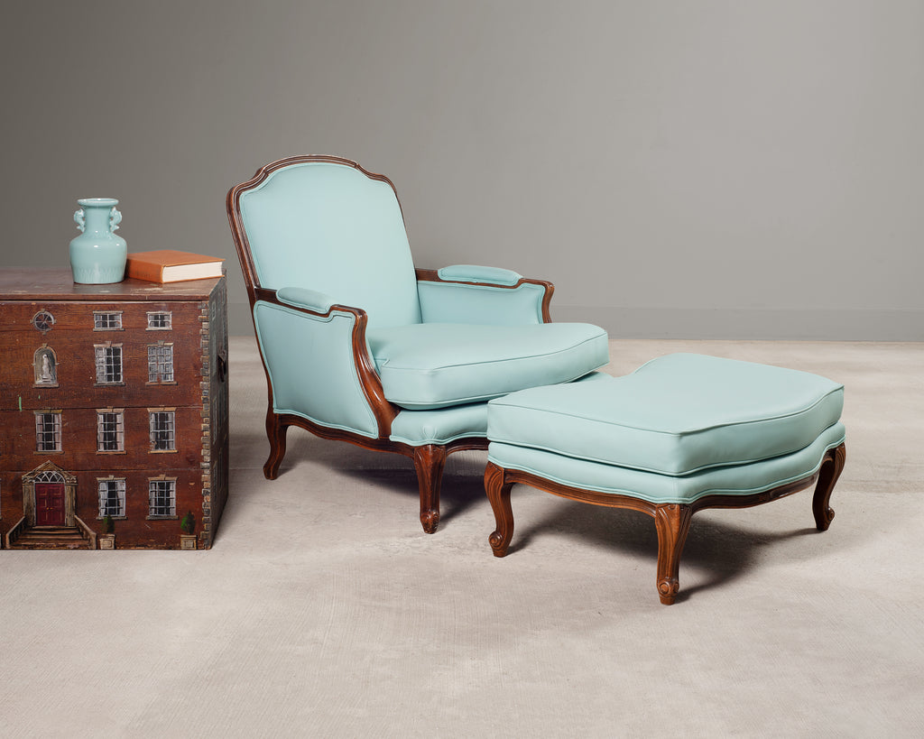 Louis XV Style Bergère Lounge Chair in Tiffany Blue + Ottoman