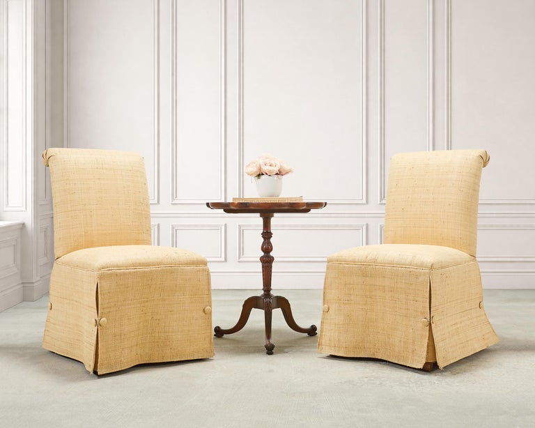 Pair of Skirted Scroll-Back Woven Raffia Slipper Chairs