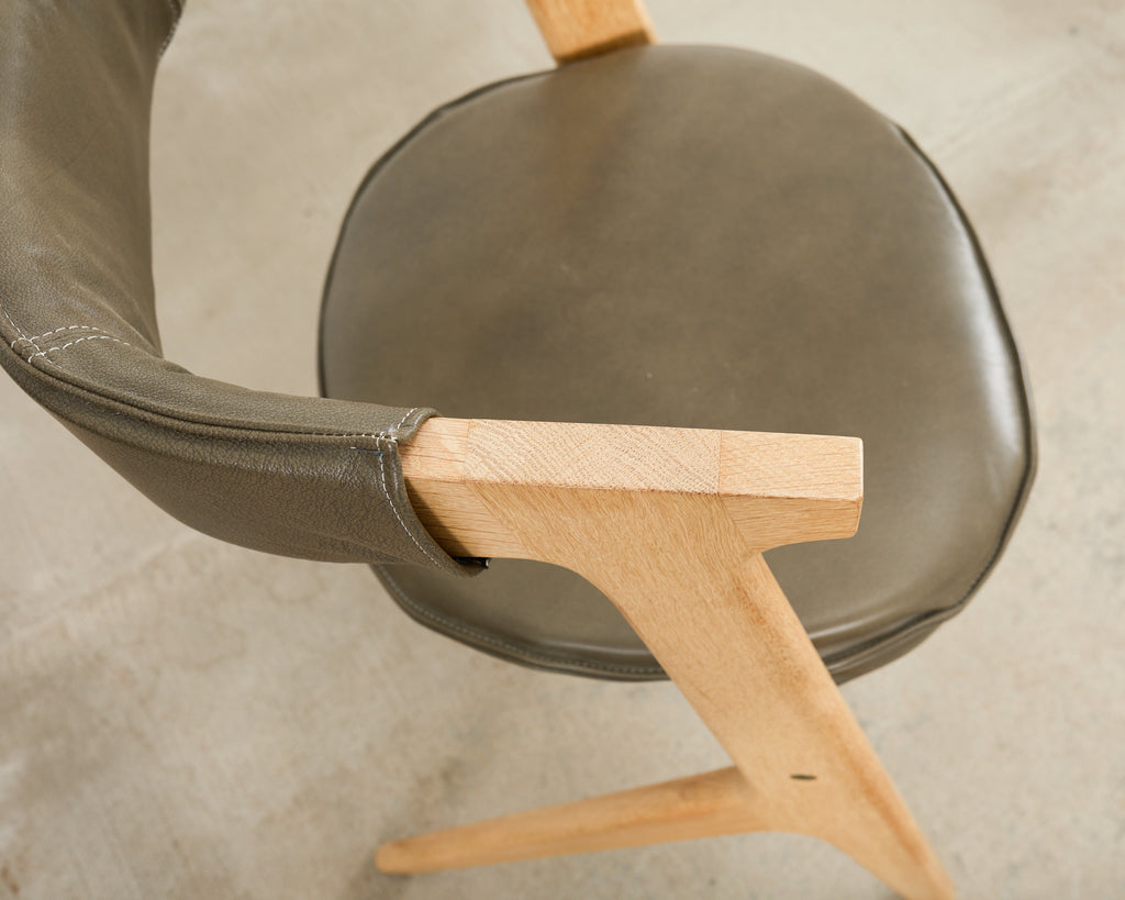 Set of Eight Tom Dixon Oak Leather Slab Dining Chairs