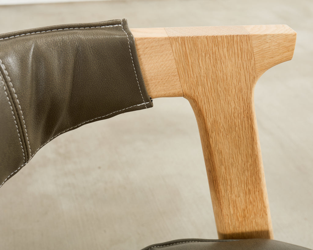 Set of Eight Tom Dixon Oak Leather Slab Dining Chairs