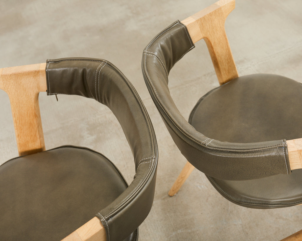 Set of Eight Tom Dixon Oak Leather Slab Dining Chairs