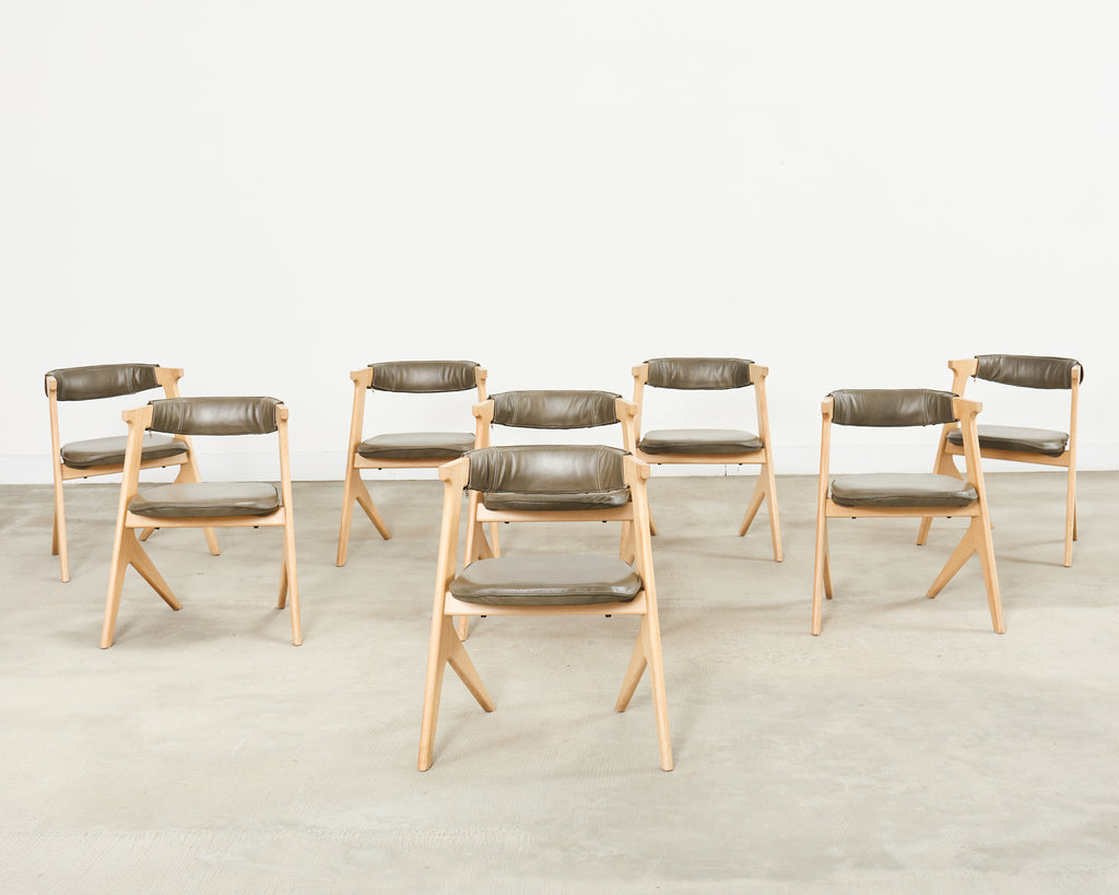 Set of Eight Tom Dixon Oak Leather Slab Dining Chairs