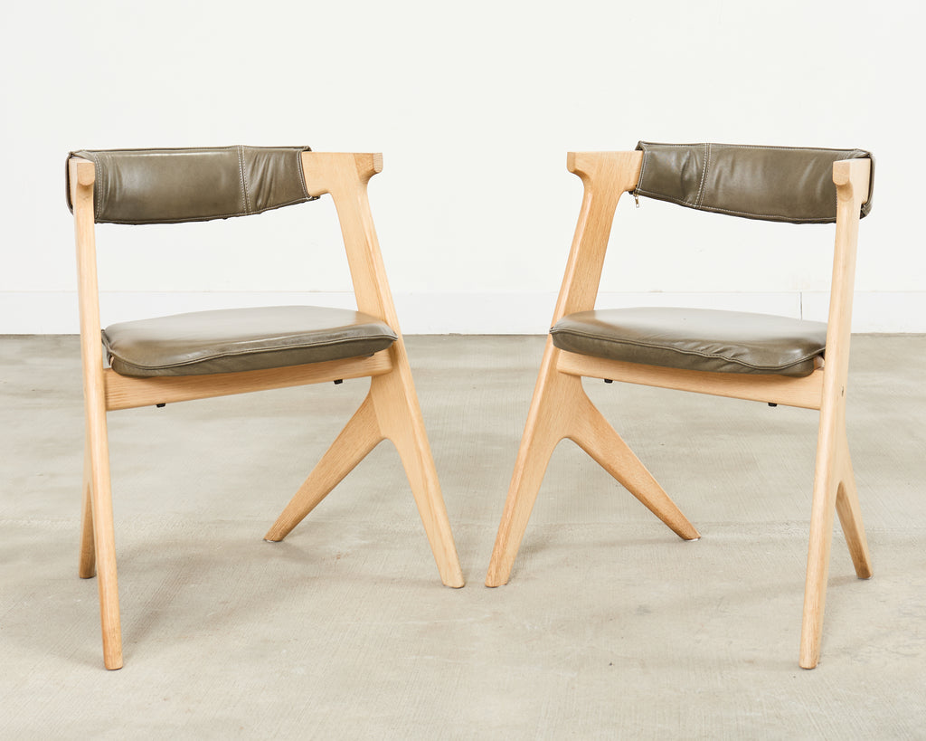 Set of Eight Tom Dixon Oak Leather Slab Dining Chairs