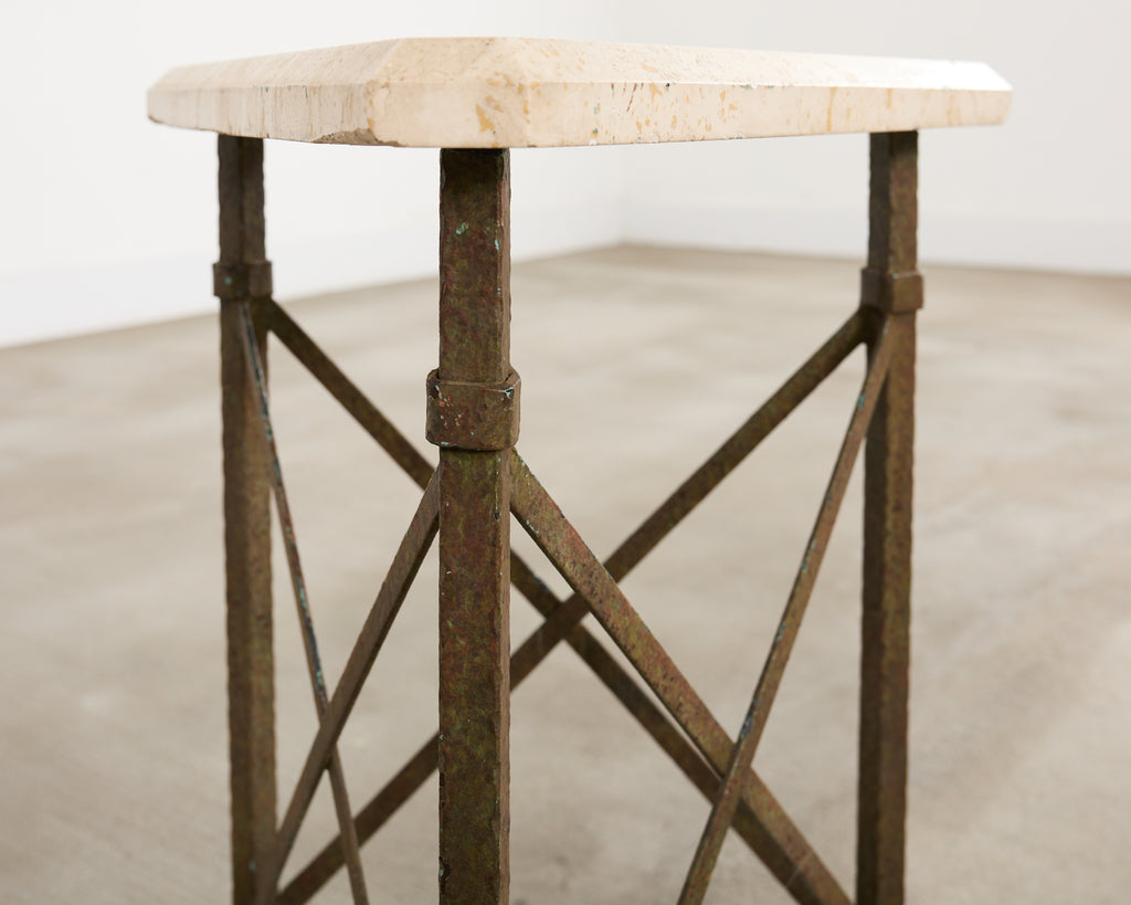 Formations Patinated Iron Travertine Triangular Drink Table