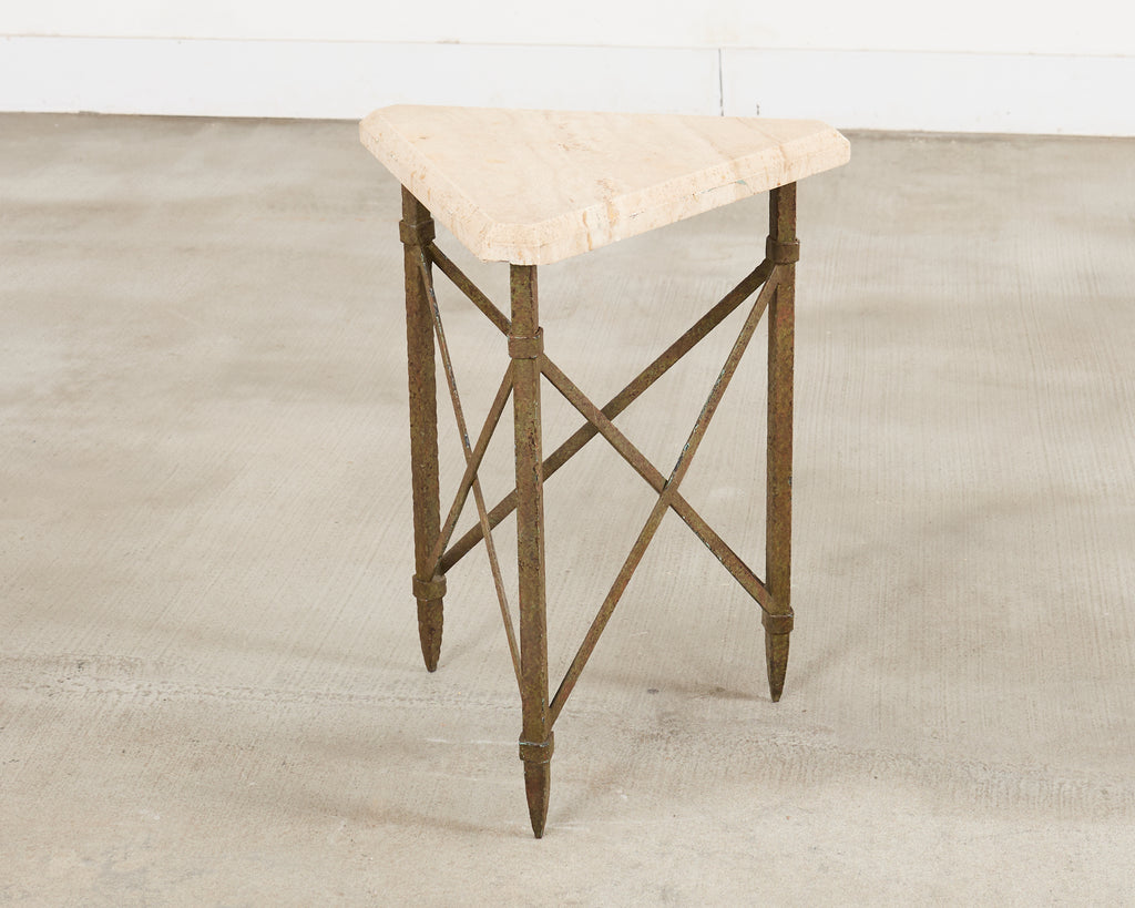 Formations Patinated Iron Travertine Triangular Drink Table