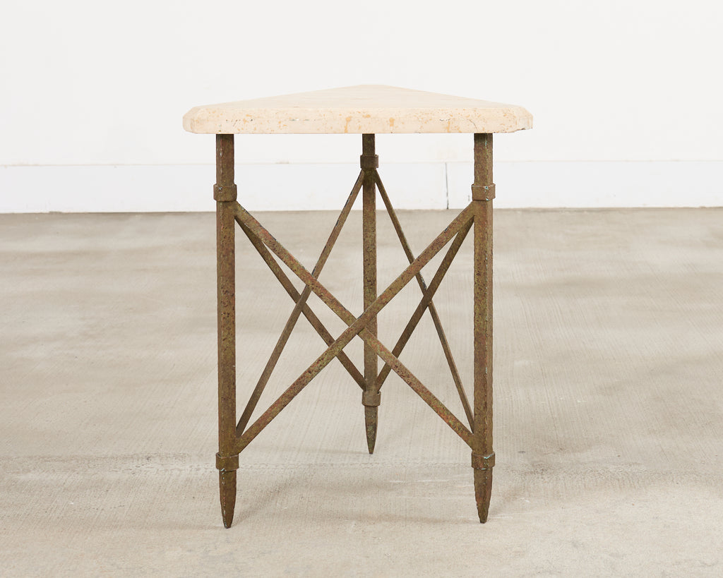 Formations Patinated Iron Travertine Triangular Drink Table