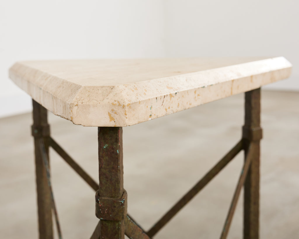 Formations Patinated Iron Travertine Triangular Drink Table