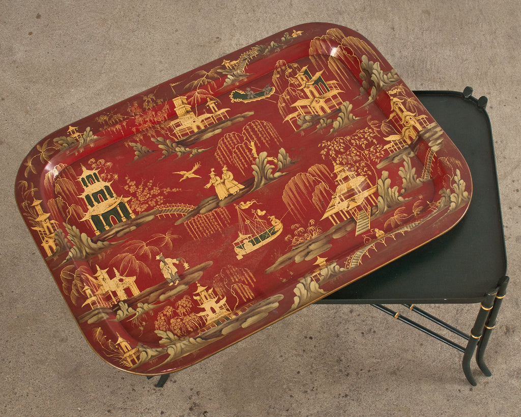 English Chinoiserie Style Faux Bamboo Lacquered Tray Table