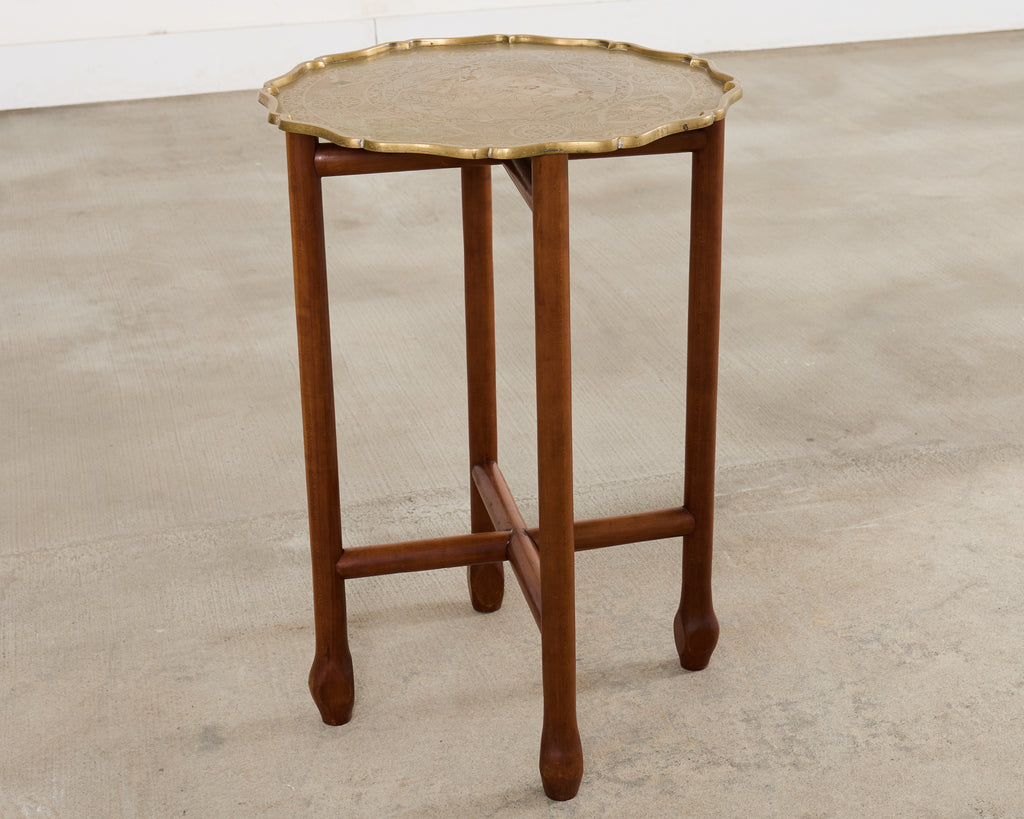 Asian Etched Brass Tray Table on Four Leg Stand