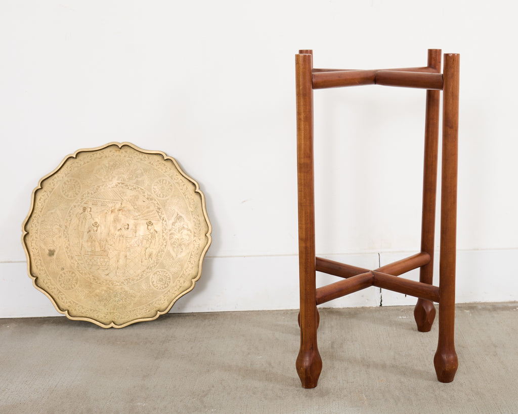 Asian Etched Brass Tray Table on Four Leg Stand