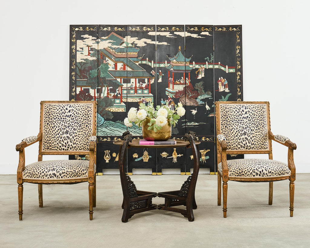 Chinese Export Six Panel Lacquered Coromandel Screen Courtyard