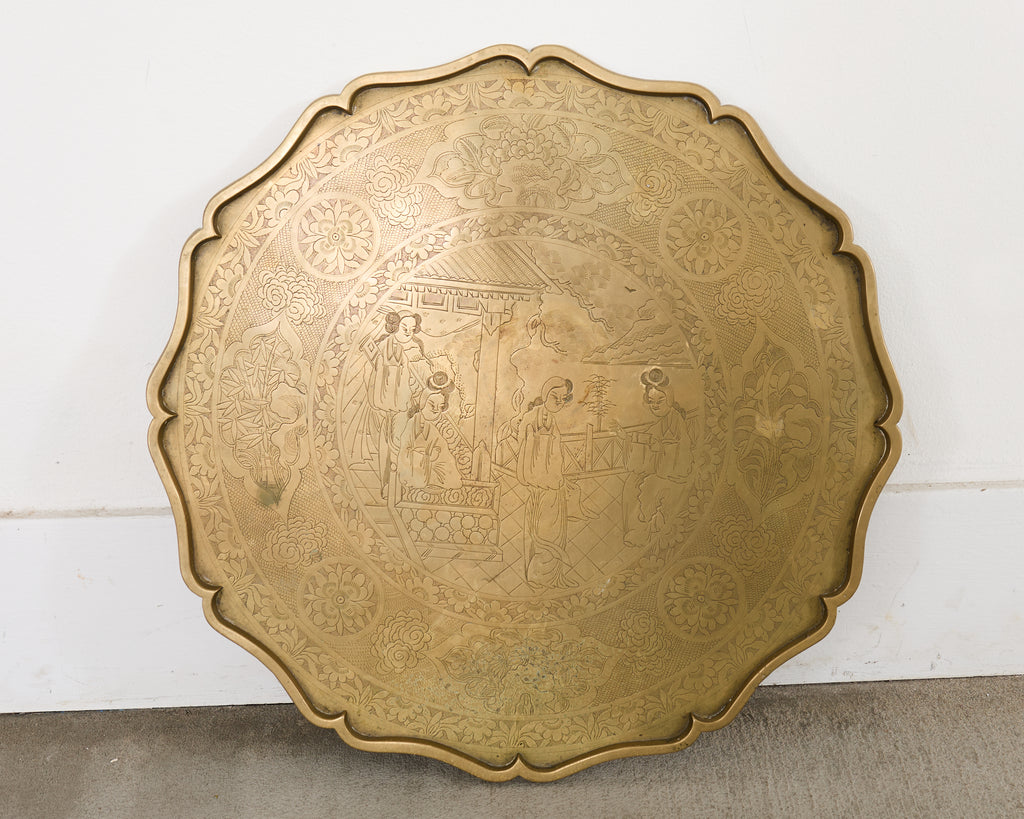 Asian Etched Brass Tray Table on Four Leg Stand