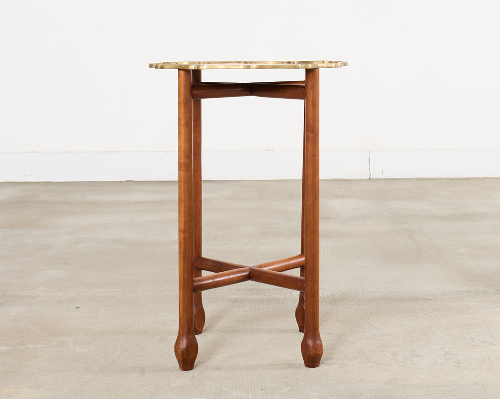 Asian Etched Brass Tray Table on Four Leg Stand