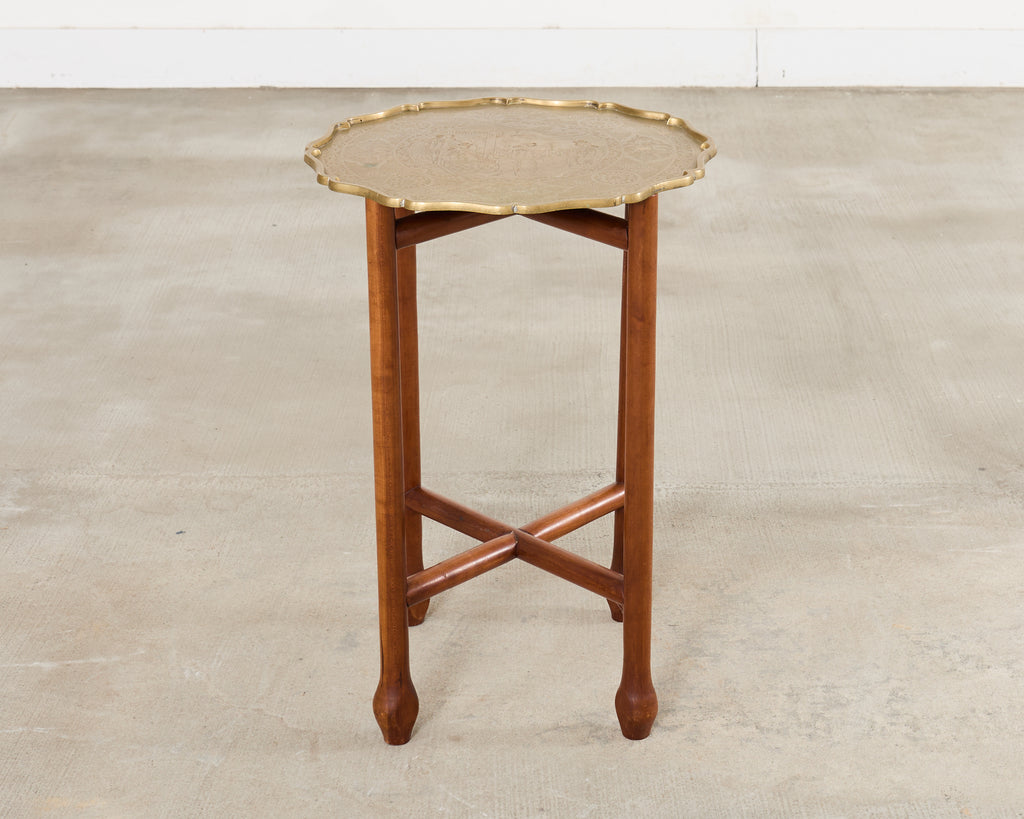 Asian Etched Brass Tray Table on Four Leg Stand