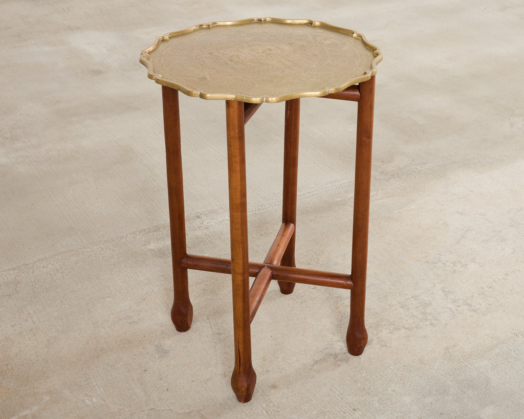 Asian Etched Brass Tray Table on Four Leg Stand
