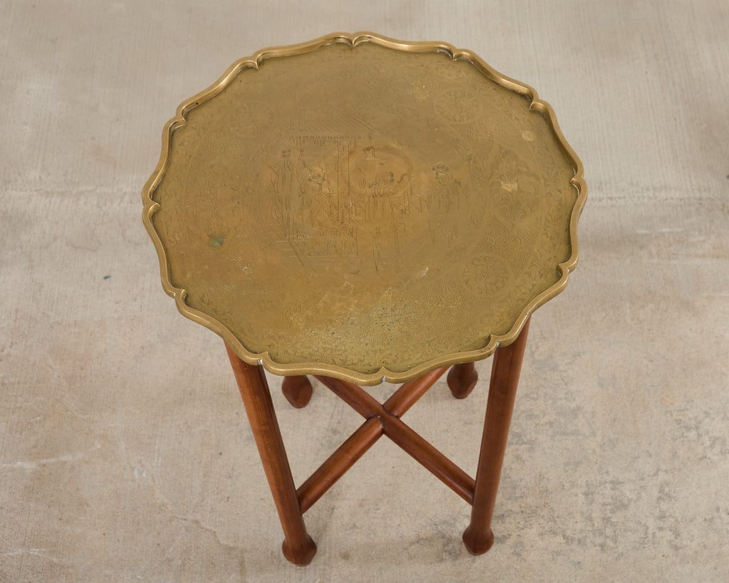 Asian Etched Brass Tray Table on Four Leg Stand