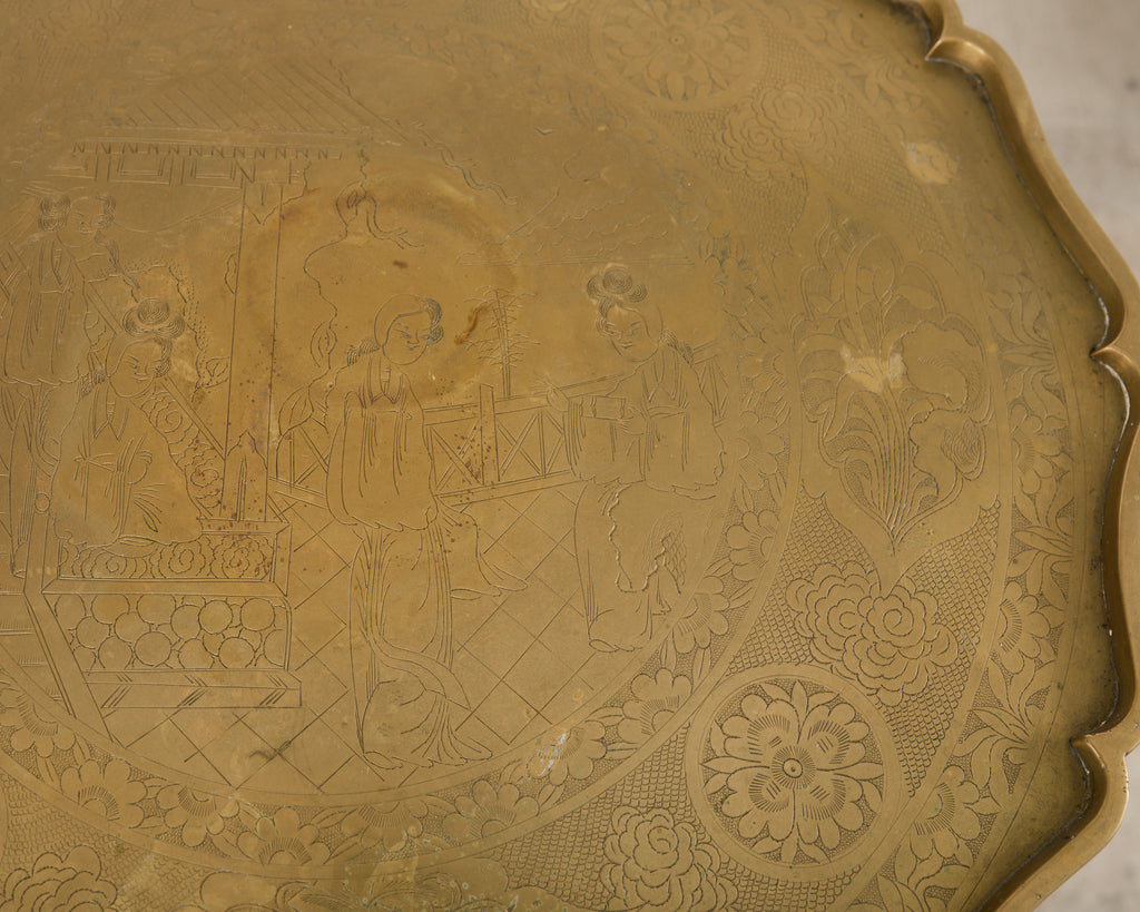 Asian Etched Brass Tray Table on Four Leg Stand