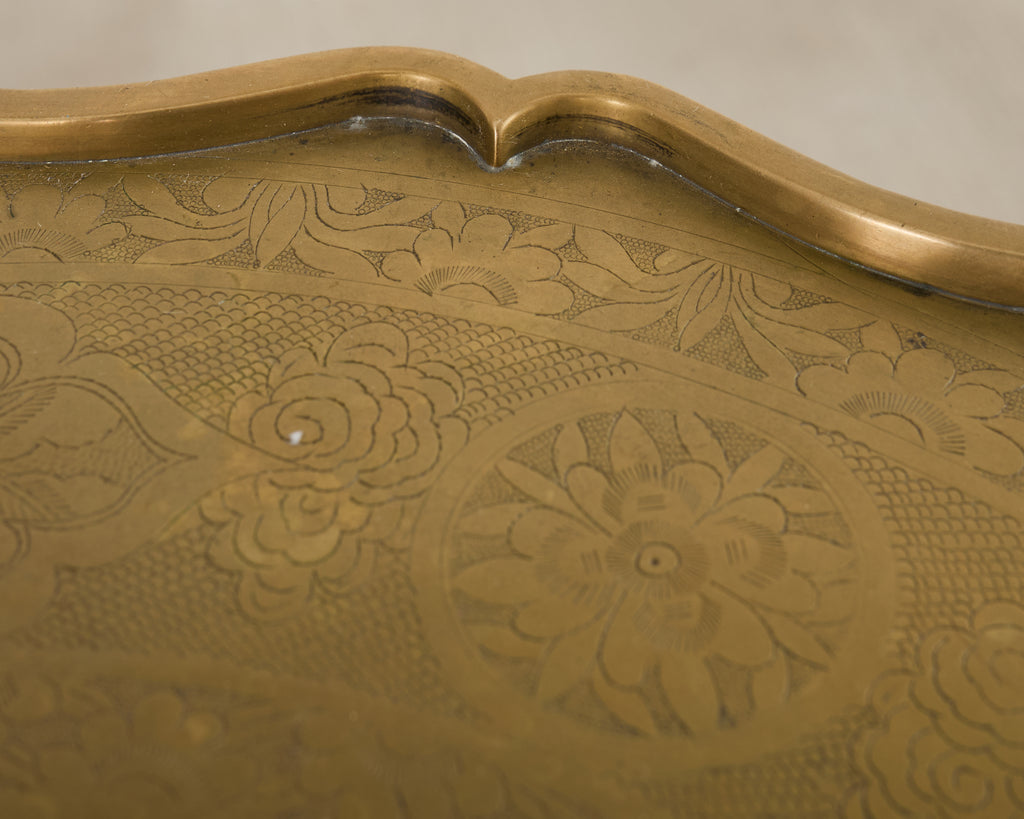 Asian Etched Brass Tray Table on Four Leg Stand