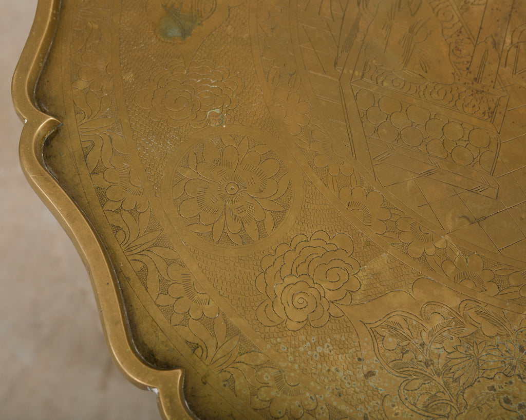 Asian Etched Brass Tray Table on Four Leg Stand