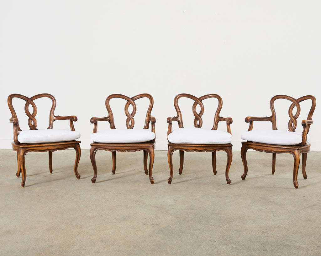 Set of Four Italian Rococo Style Venetian Walnut Armchairs