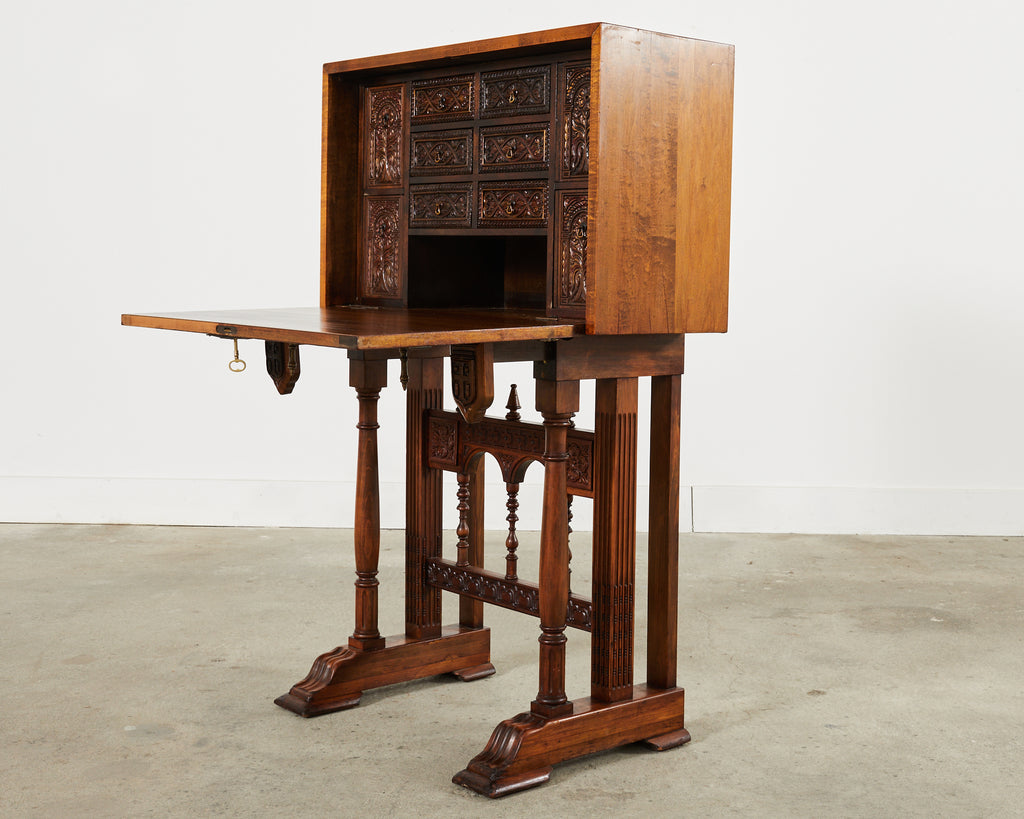 Spanish Baroque Style Walnut Vargueño Cabinet on Stand