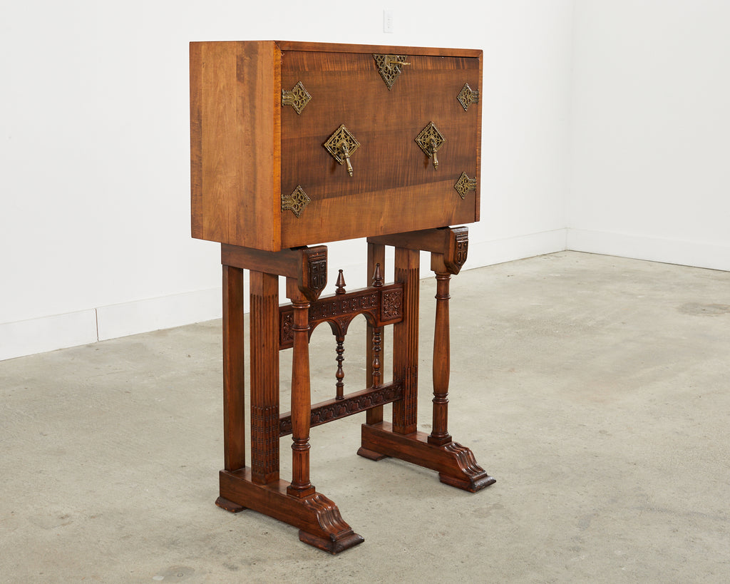 Spanish Baroque Style Walnut Vargueño Cabinet on Stand