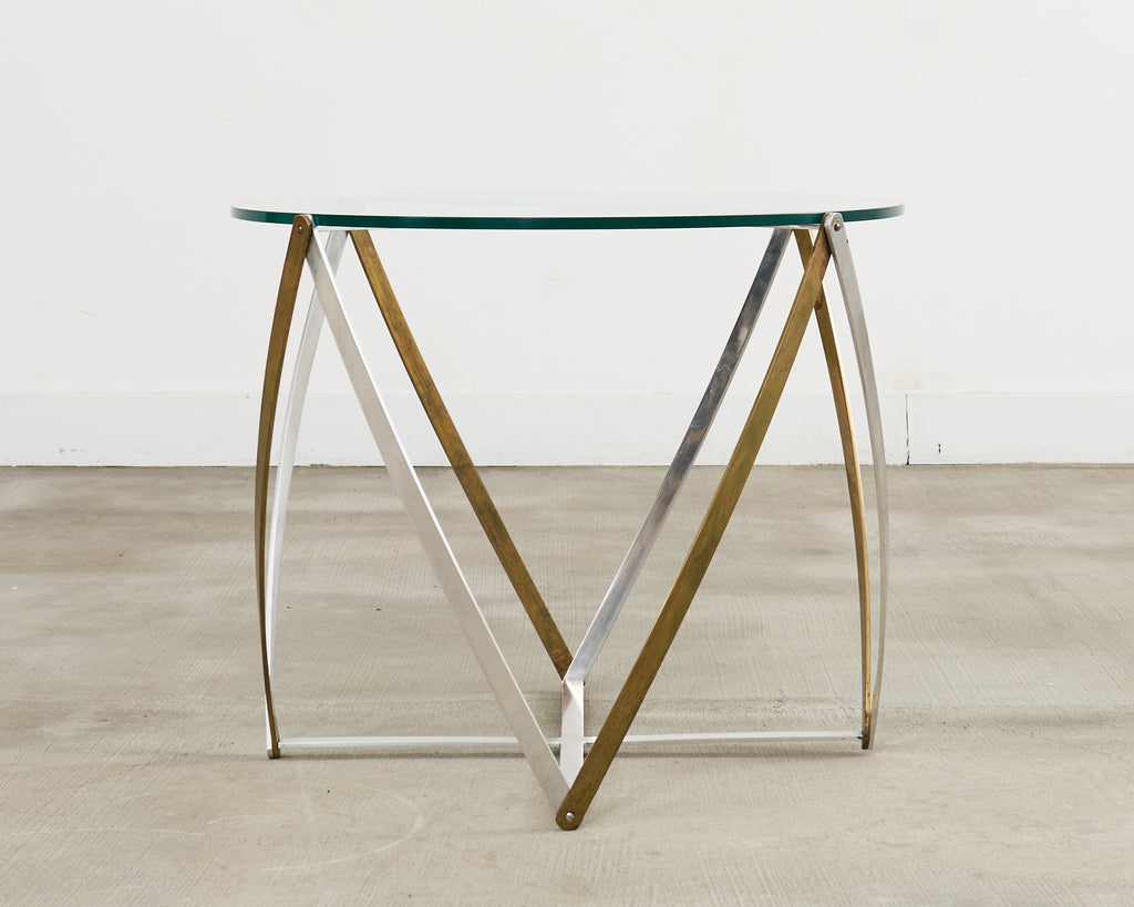 John Vesey Brass and Steel Glass Top Spool Drinks Table