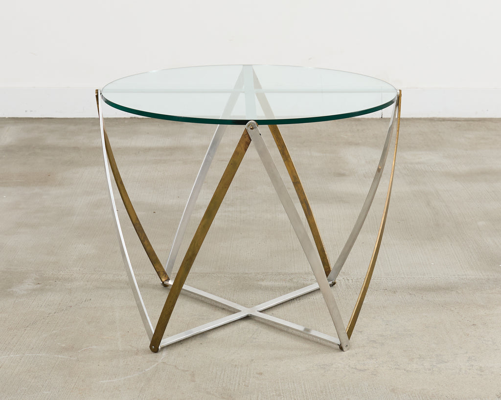 John Vesey Brass and Steel Glass Top Spool Drinks Table