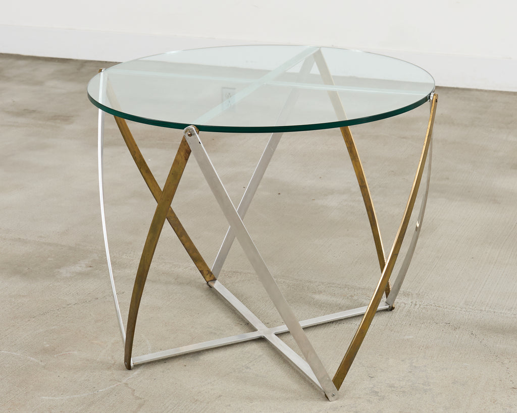 John Vesey Brass and Steel Glass Top Spool Drinks Table