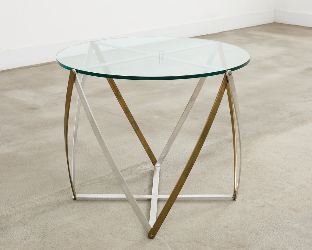John Vesey Brass and Steel Glass Top Spool Drinks Table