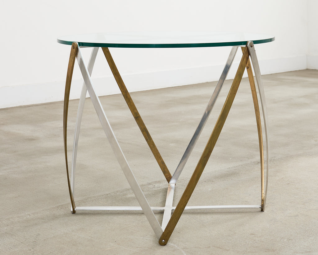 John Vesey Brass and Steel Glass Top Spool Drinks Table