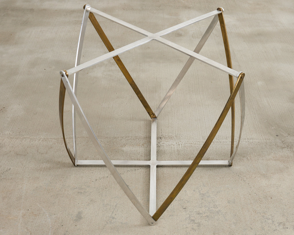 John Vesey Brass and Steel Glass Top Spool Drinks Table