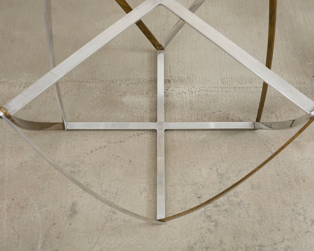 John Vesey Brass and Steel Glass Top Spool Drinks Table