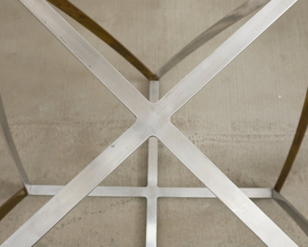 John Vesey Brass and Steel Glass Top Spool Drinks Table