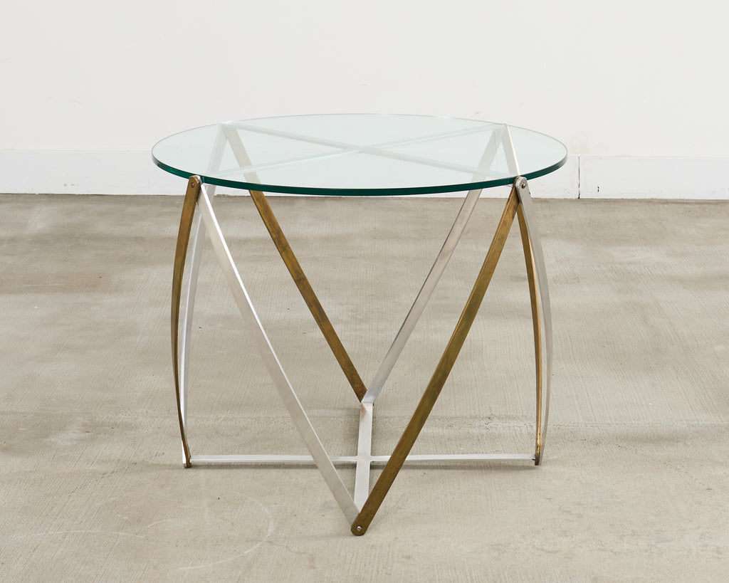 John Vesey Brass and Steel Glass Top Spool Drinks Table
