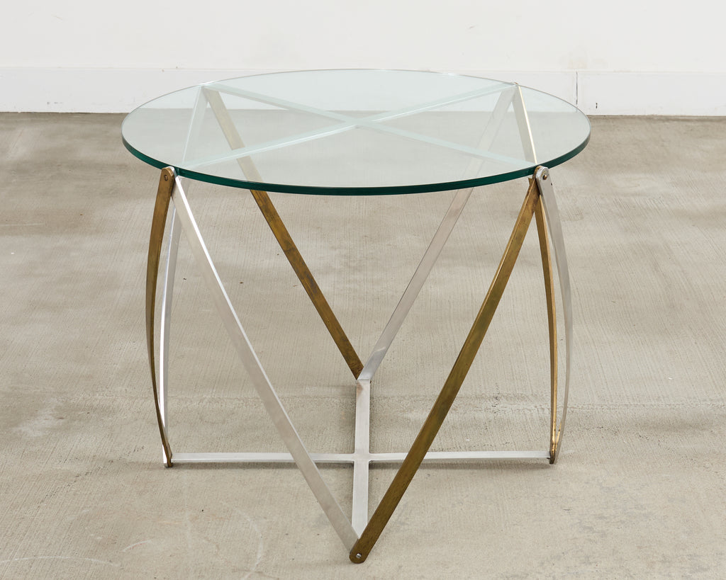 John Vesey Brass and Steel Glass Top Spool Drinks Table