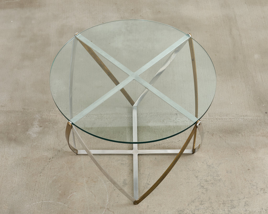 John Vesey Brass and Steel Glass Top Spool Drinks Table