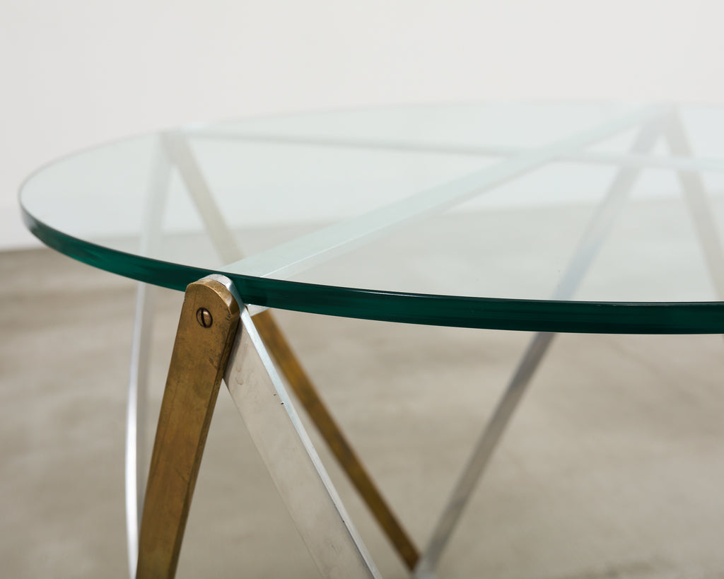 John Vesey Brass and Steel Glass Top Spool Drinks Table