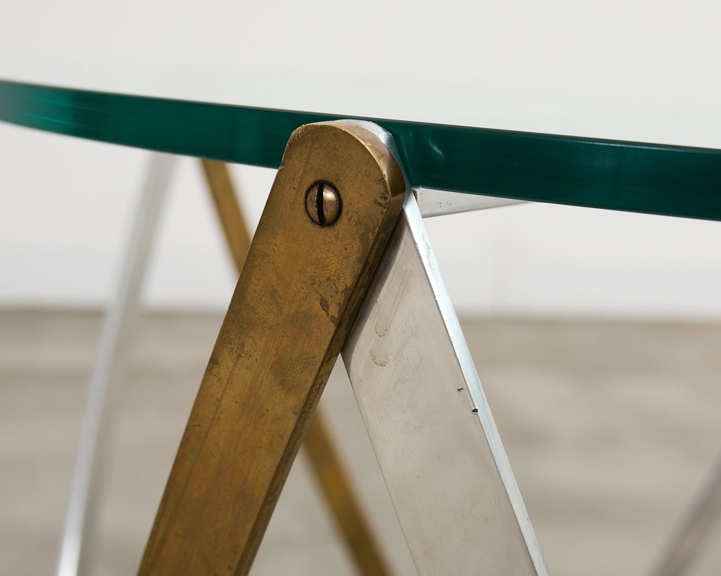 John Vesey Brass and Steel Glass Top Spool Drinks Table